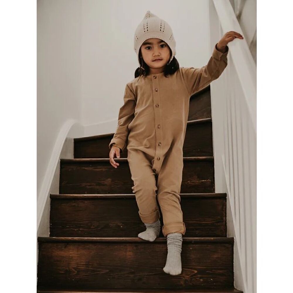 The Simple Folk Kids Gender Neutral Workman Playsuit in Camel Tan